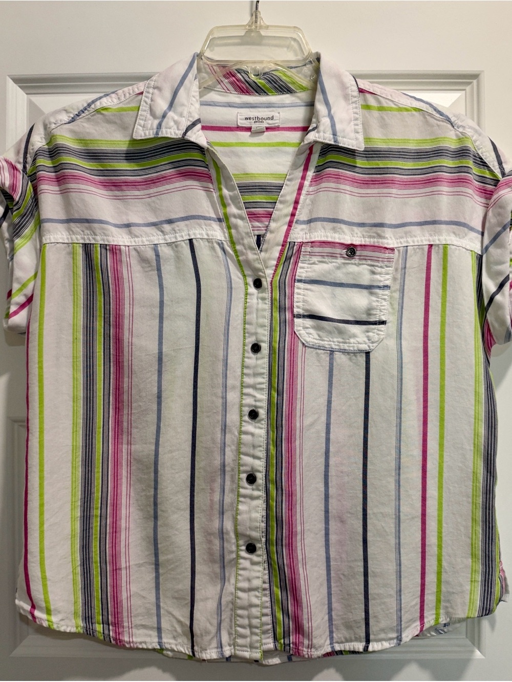 Westbound White Capped-Sleeve Button-Down with Pink, Lime & Navy Stripes